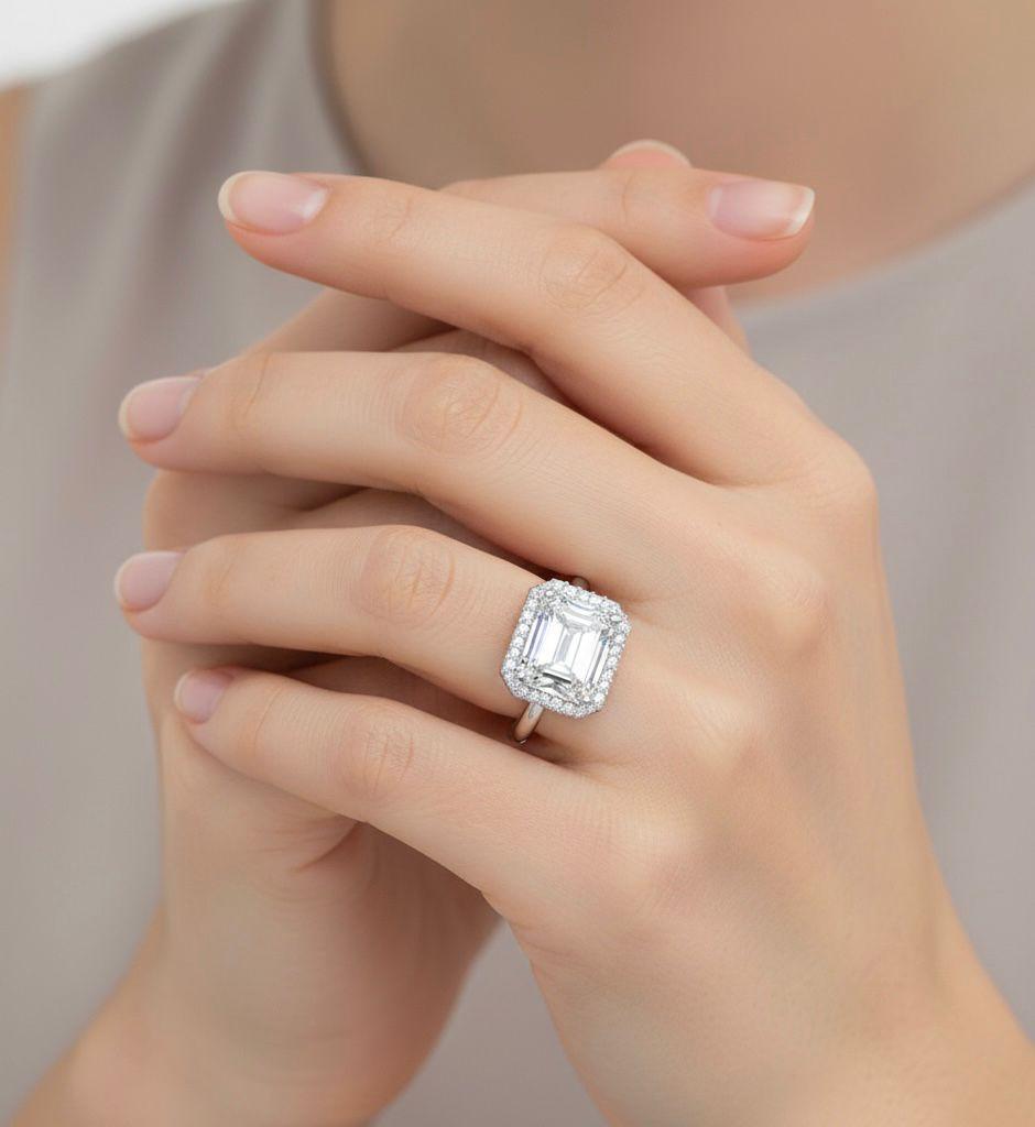 Emerald-Cut Halo Moissanite Ring in Premium Silver – Statement Engagement & Cocktail Ring
