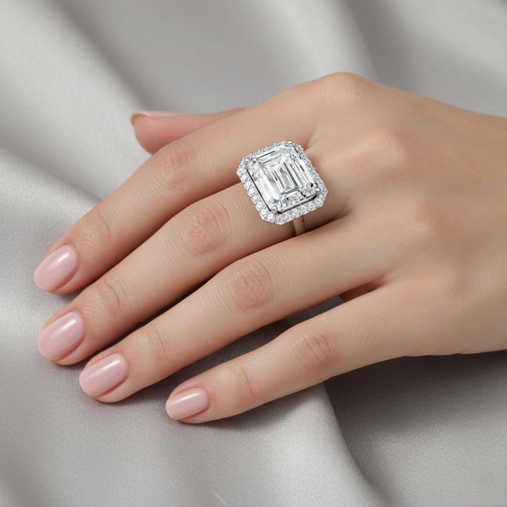 Emerald-Cut Halo Moissanite Ring in Premium Silver – Statement Engagement & Cocktail Ring