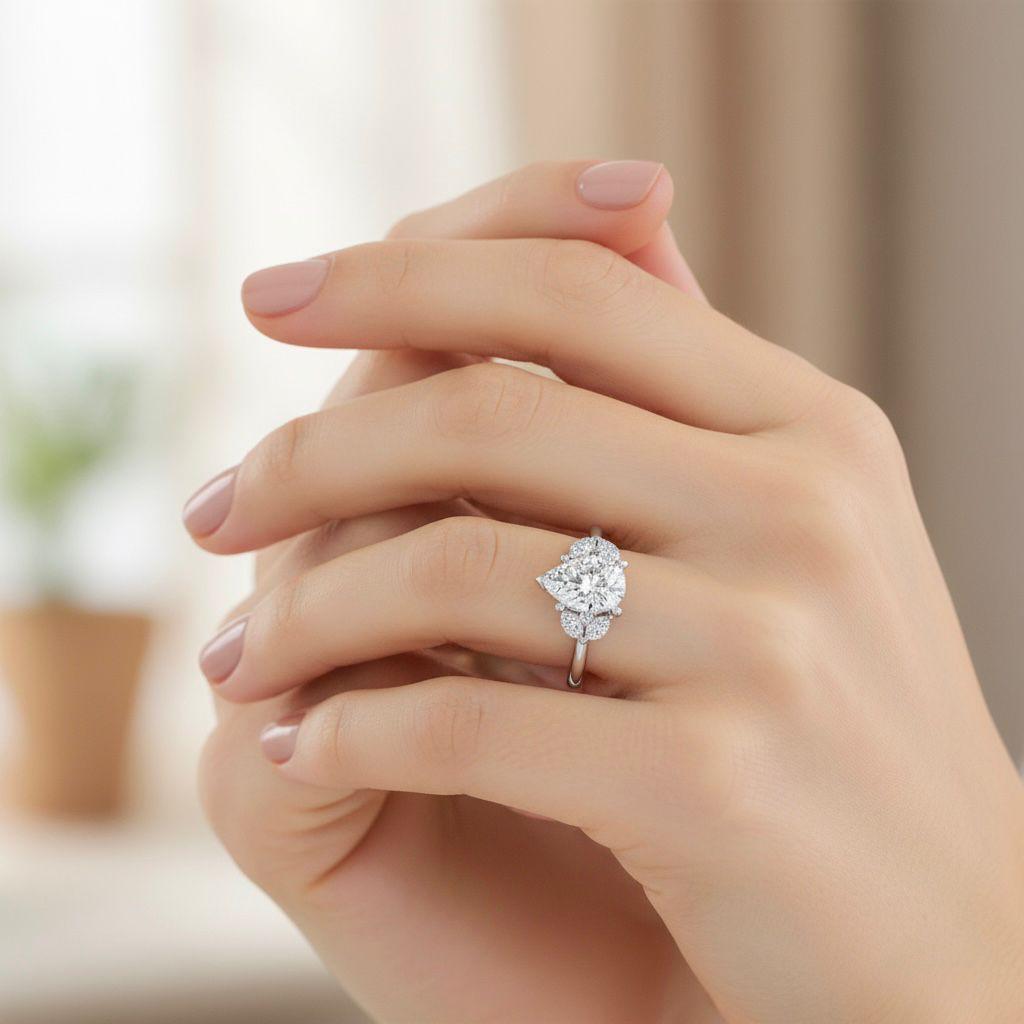 Pear Cut Moissanite Ring with Marquise Side Diamonds in Premium White Gold