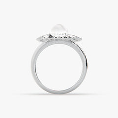 Radiant Floral Bloom Pearl Ring in High-Polish Rhodium Finish