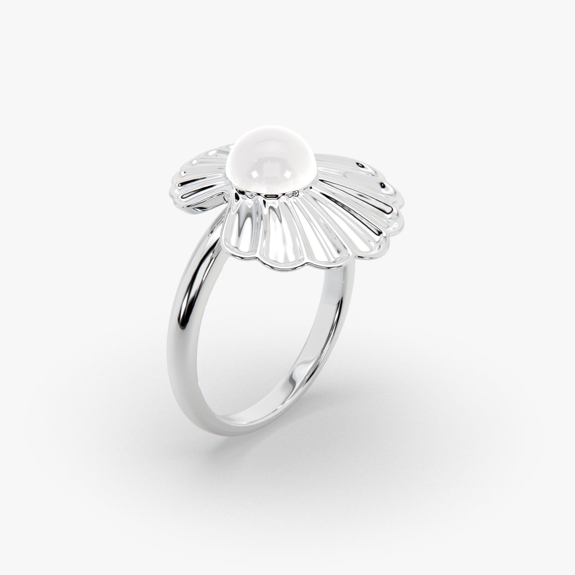 Radiant Floral Bloom Pearl Ring in High-Polish Rhodium Finish