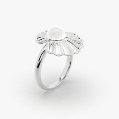 Radiant Floral Bloom Pearl Ring in High-Polish Rhodium Finish