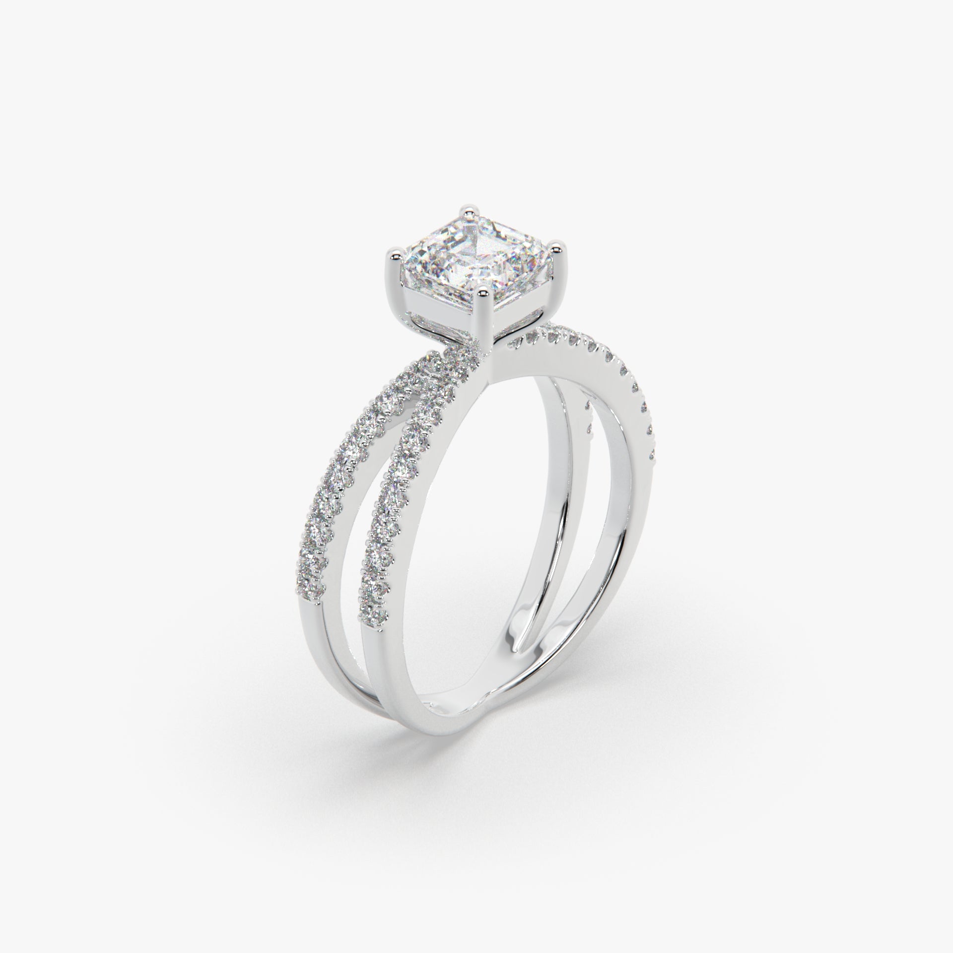 Asscher-Cut Solitaire Ring with Split Pavé Shank in Sterling Silver
