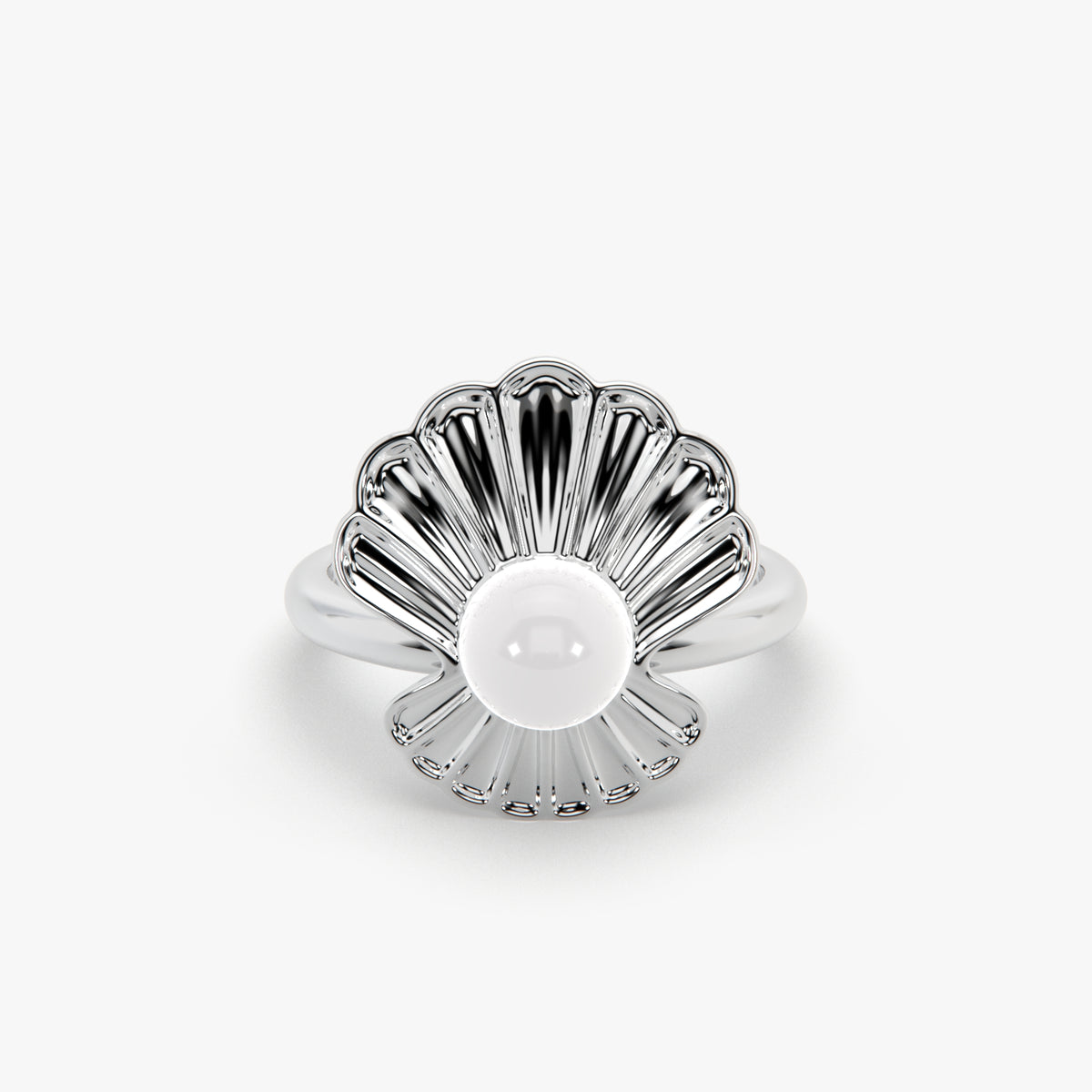 Radiant Floral Bloom Pearl Ring in High-Polish Rhodium Finish