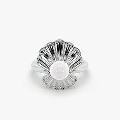 Radiant Floral Bloom Pearl Ring in High-Polish Rhodium Finish