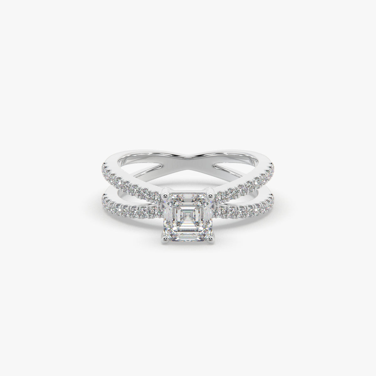 Asscher-Cut Solitaire Ring with Split Pavé Shank in Sterling Silver
